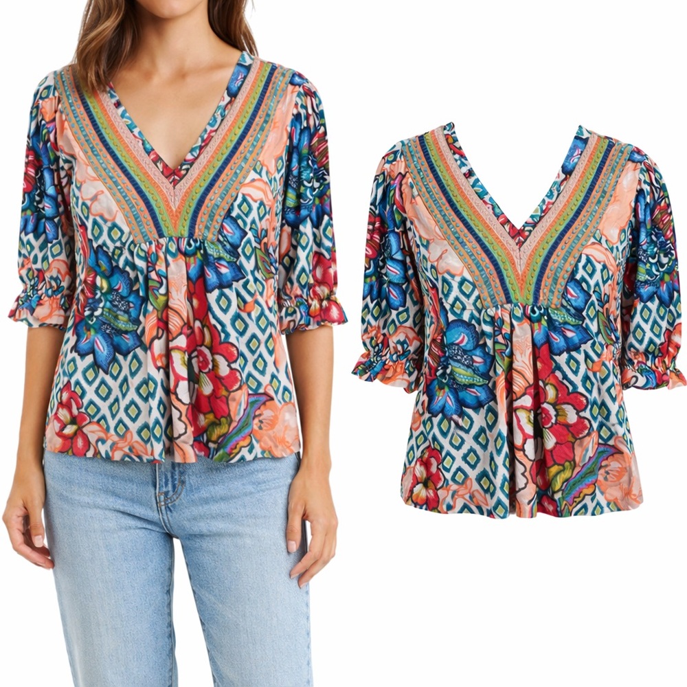 BLANK‎ LONDON Floral V Neck 3/4 Sleeve Smocked Peasant Blouse Women's Small